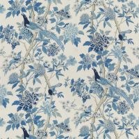 Hydrangea Bird Linen Fabric Blue White