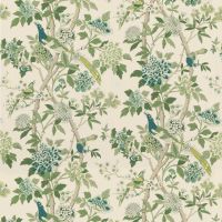 Hydrangea Bird Linen Fabric Green Cream