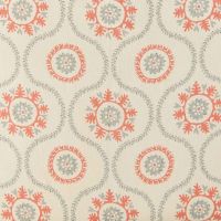 Suzani Linen Fabric Grey Clementine Coral Pink