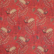Cereme Linen Fabric Magenta Denim Red Bird Print