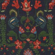 Zabola Linen Fabric Deep Blue Green Red Floral