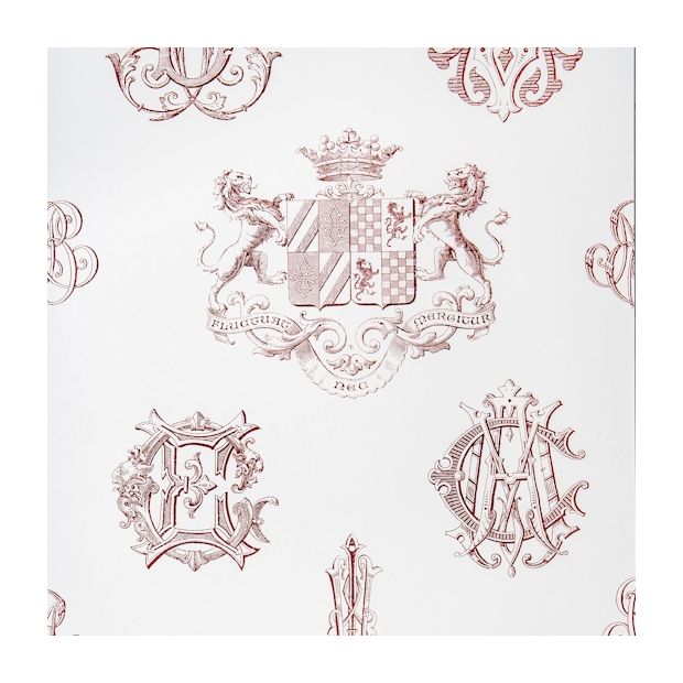 Scarlet Crests and Initials on White Wallpaper
