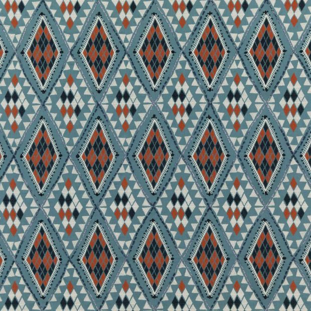 Castelo Embroidered Cotton Fabric Indigo Blue Spice Orange