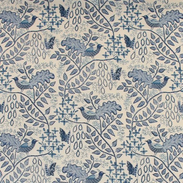 Cereme Linen Fabric Porcelain Blue Bird Print
