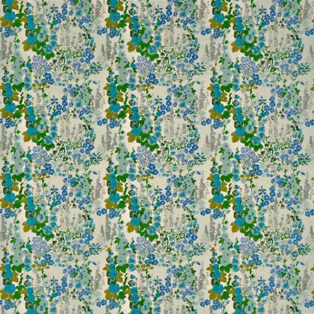 Hollyhock Embroidered Fabric Blue Green