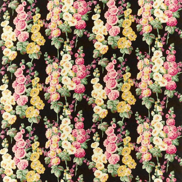 Hollyhocks Fabric Ebony Black Cerise Pink Yellow Floral