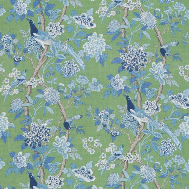 Hydrangea Bird Linen Fabric Emerald Green Blue