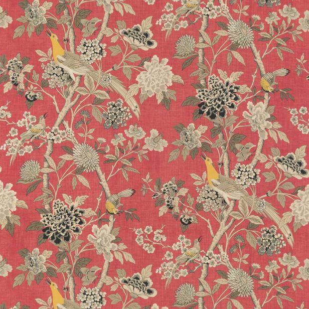Hydrangea Bird Linen Fabric Old Rose Red