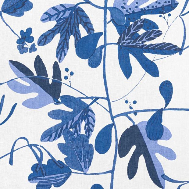 Matisse Leaf Linen Fabric in Blue on White