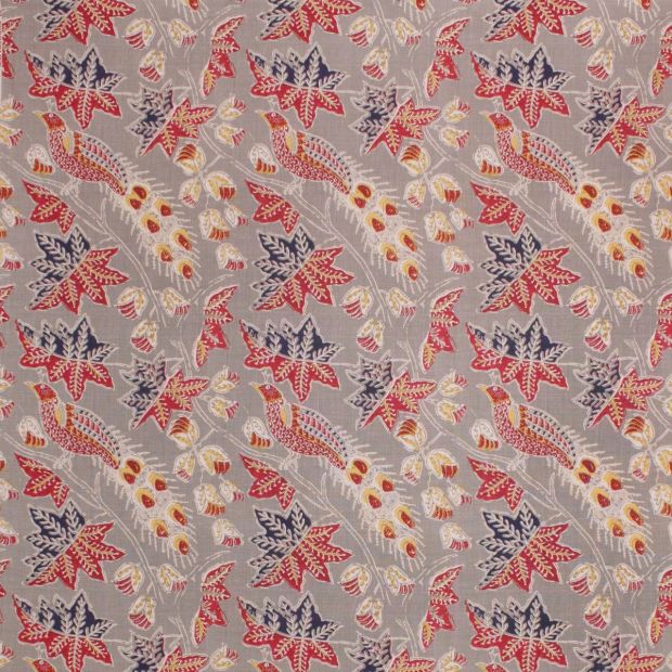 Muria Linen Fabric Cherry Ash Red Grey Bird