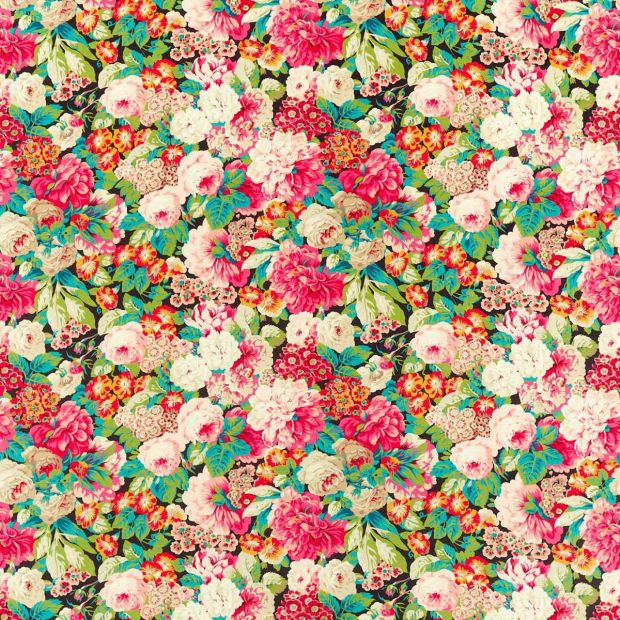 Rose and Peony Fabric Cerise Pink Veridian Green Turquoise