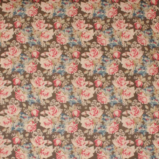 Stratton Garden Linen Fabric Brown Rose