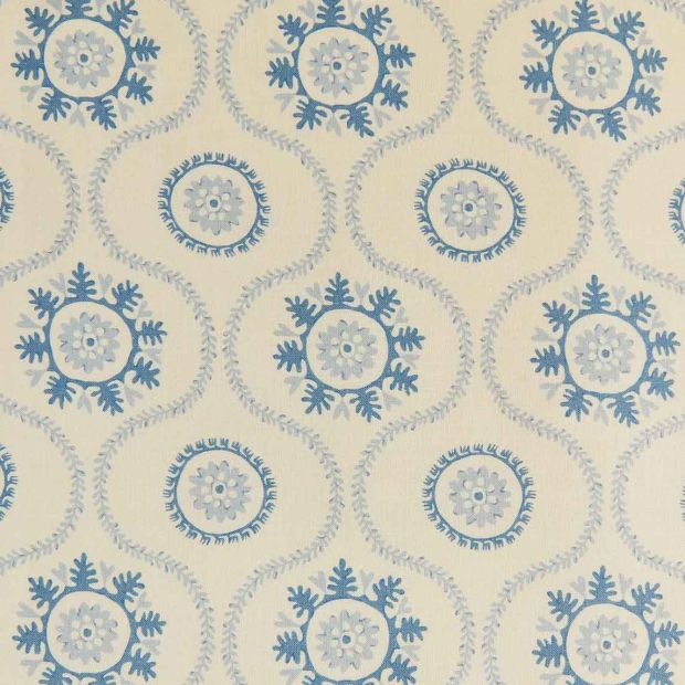 Suzani Linen Fabric Blue Printed Trellis