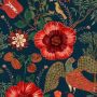 Dark Blue and Red Floral and Bird Wallpaper
