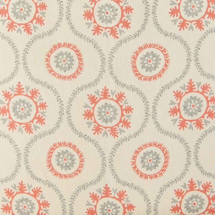 Suzani Linen Fabric Grey Clementine Coral Pink