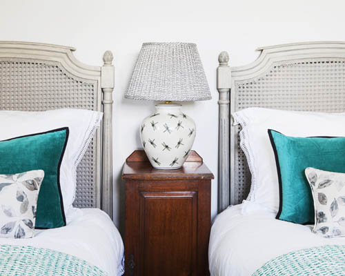 tartan, green and purple stacjed cushions