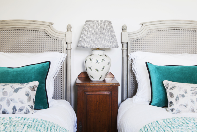 tartan, green and purple stacjed cushions