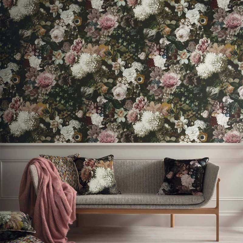 Black Floral Fabric Wallpaper
