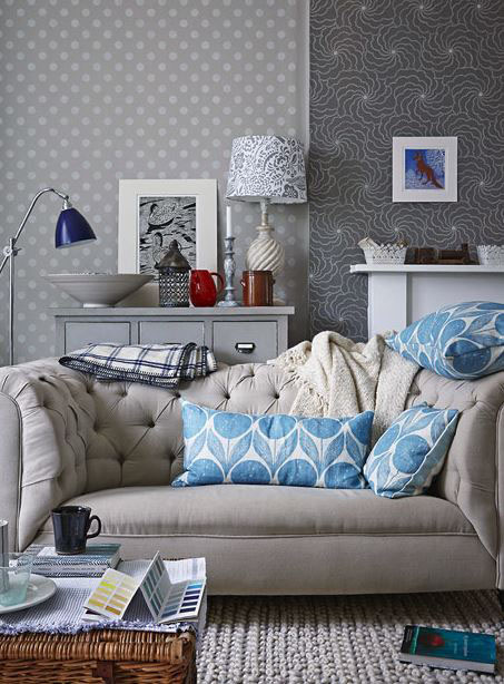 Grey Wallpapers and a Chunky Sofa in Grey set off with Turquoise