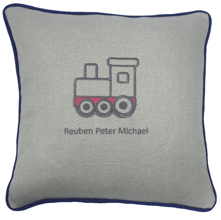 embriodered train cushion