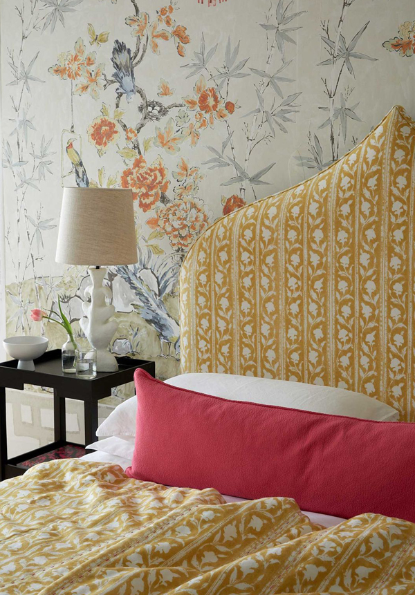Statement headboard with jasmine stripe fabric