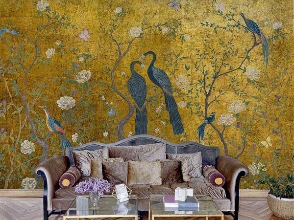 Romantic Teal Bedroom with Mural Wallpaper