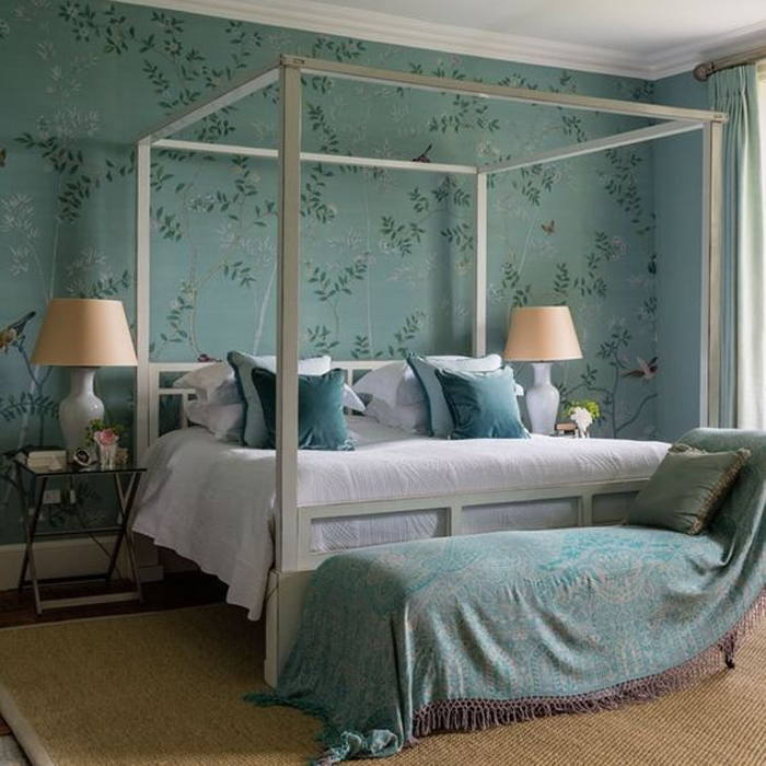 Romantic Duck Egg Blue Bedroom with Mural Feature Wall