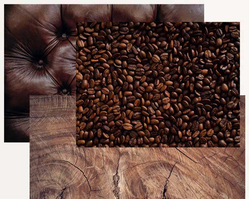 Brown leather, cross-section of tree and coffee beans