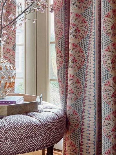 Coral Pink Patterned Curtain Fabric