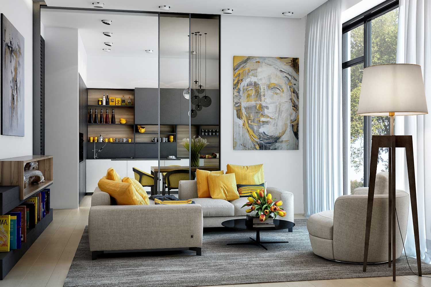 Modern Grey and Yellow Living Room