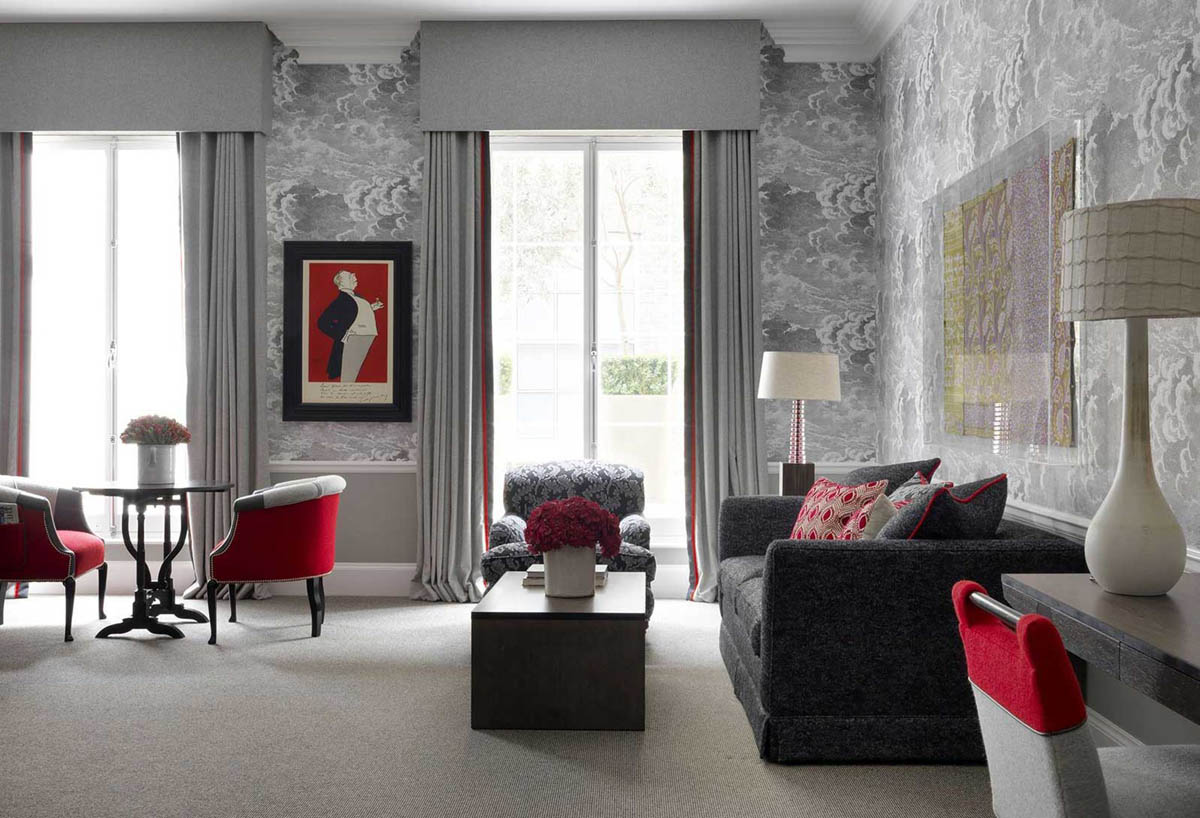 contemporary red and grey living room