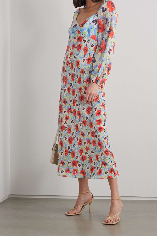 RIXO Gio Floral Print Silk Chiffon Midi Dress