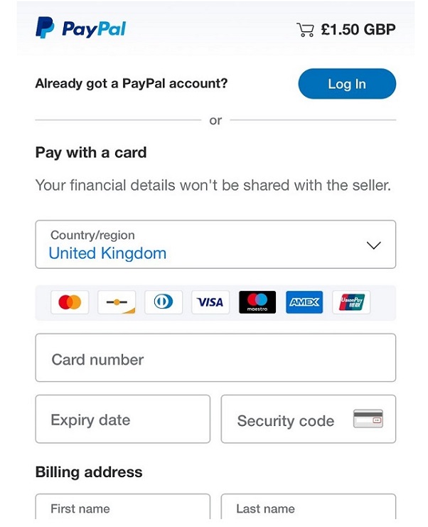 Paying By Card Without Paypal Account Step 2