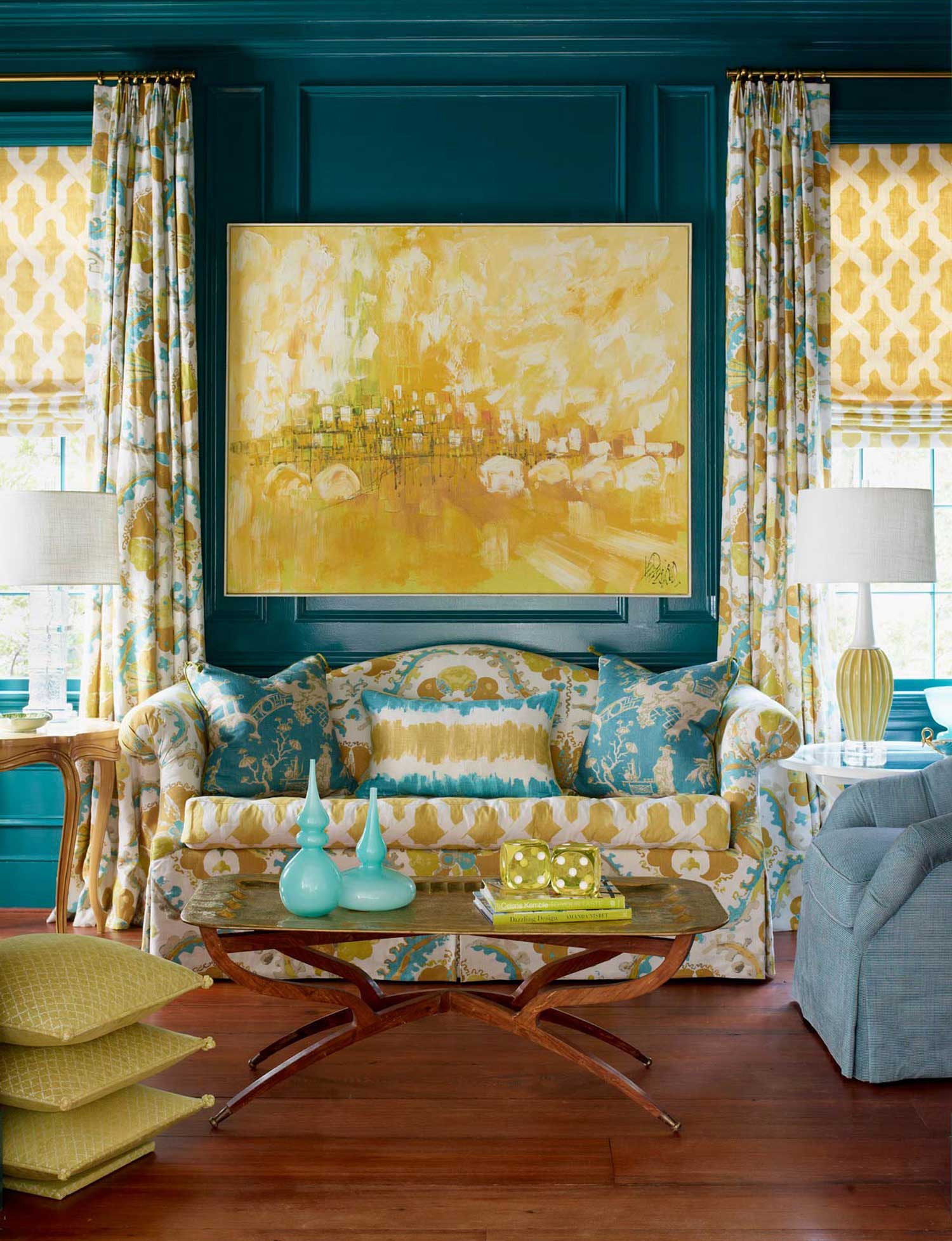 Teal and Yellow Living Room